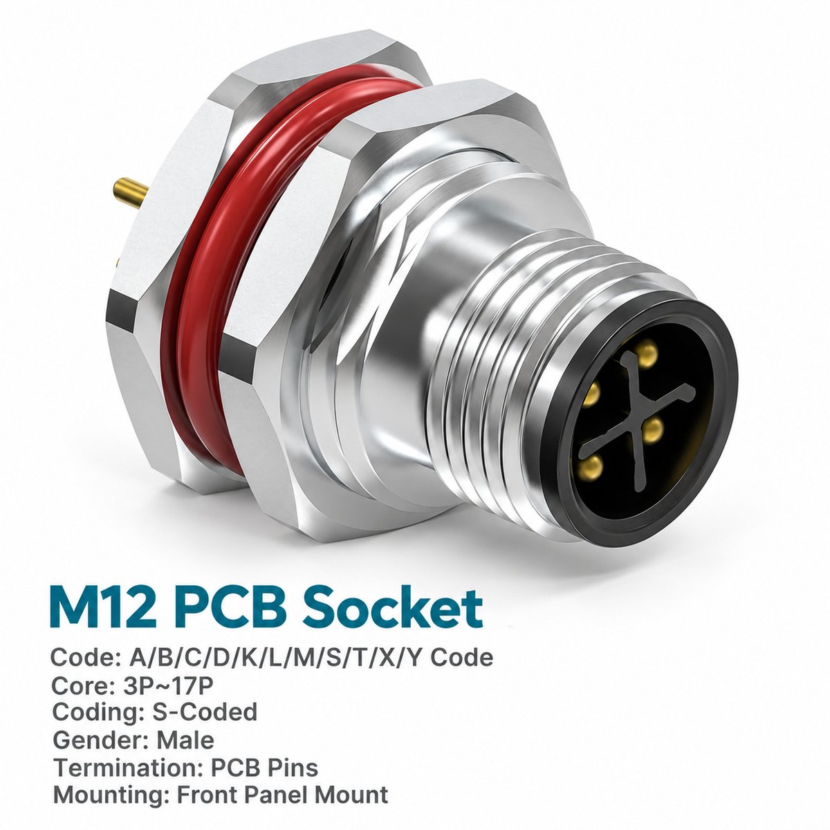 M12 S-Coded Male Front Mount PCB Power Connector, 12A 630V, 2+PE / 3+PE M12 S-Coded Male Front Mount PCB Power Connector, 12A 630V, 2+PE / 3+PE - Image 3