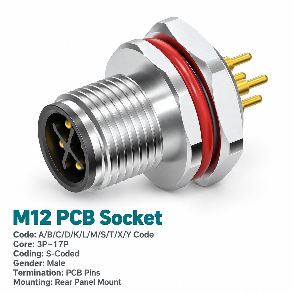 M12 S-Coded Male Rear Mount PCB Power Connector, 12A 630V, 2+PE / 3+PE M12 S-Coded Male Rear Mount PCB Power Connector, 12A 630V, 2+PE / 3+PE - Image 2