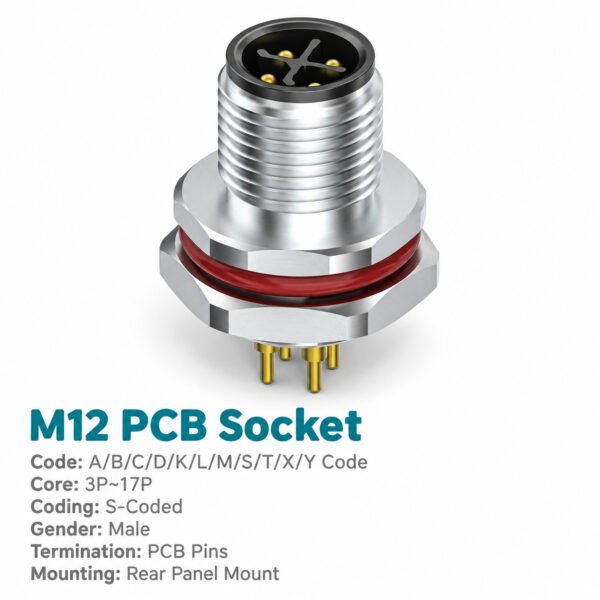 M12 S-Coded Male Rear Mount PCB Power Connector, 12A 630V, 2+PE / 3+PE