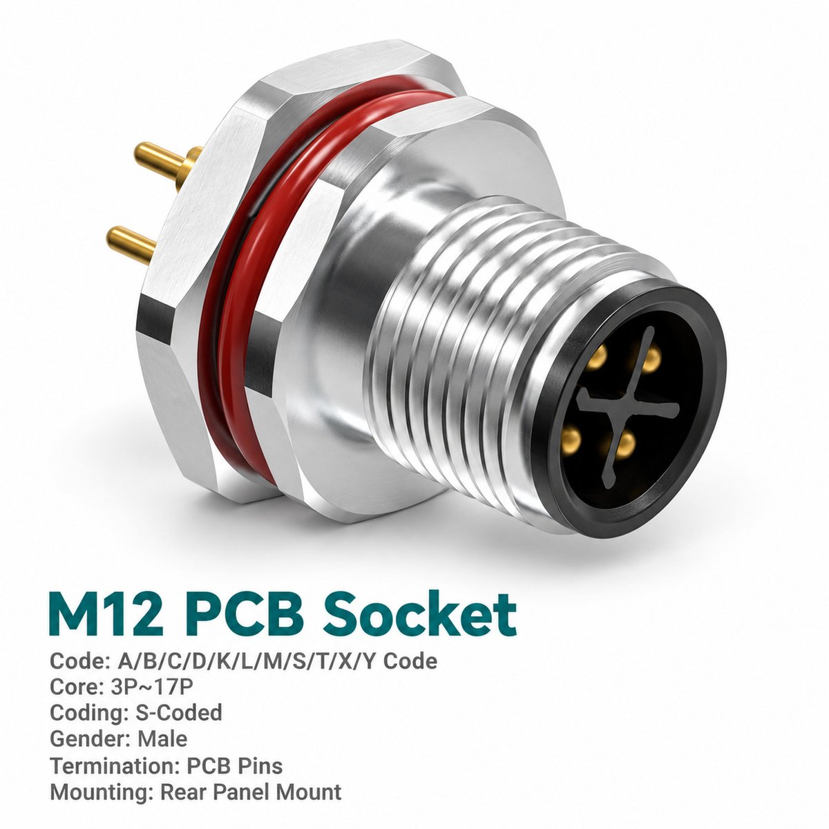 M12 S-Coded Male Rear Mount PCB Power Connector, 12A 630V, 2+PE / 3+PE M12 S-Coded Male Rear Mount PCB Power Connector, 12A 630V, 2+PE / 3+PE - Image 3