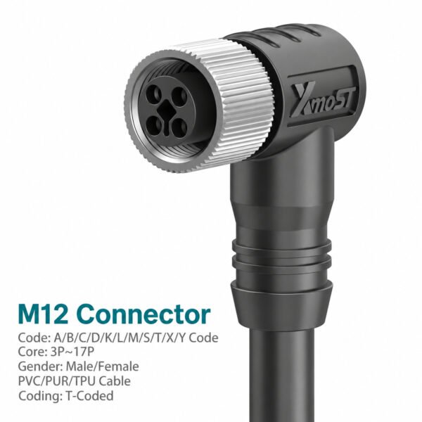 M12 T-Coded Female 90° Right-Angle Shielded AC Power Cable Connector