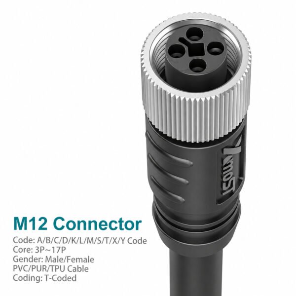 M12 T-Coded Female Straight Shielded AC Power Cable Connector
