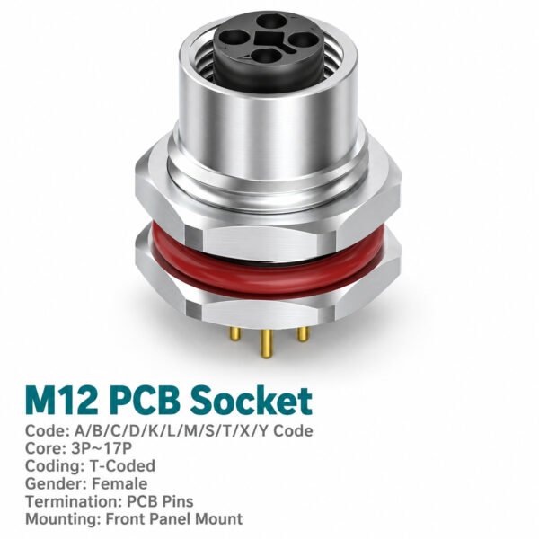 M12 T-Coded Female Front Mount PCB Power Socket, 4-Pin, 12A 63V DC