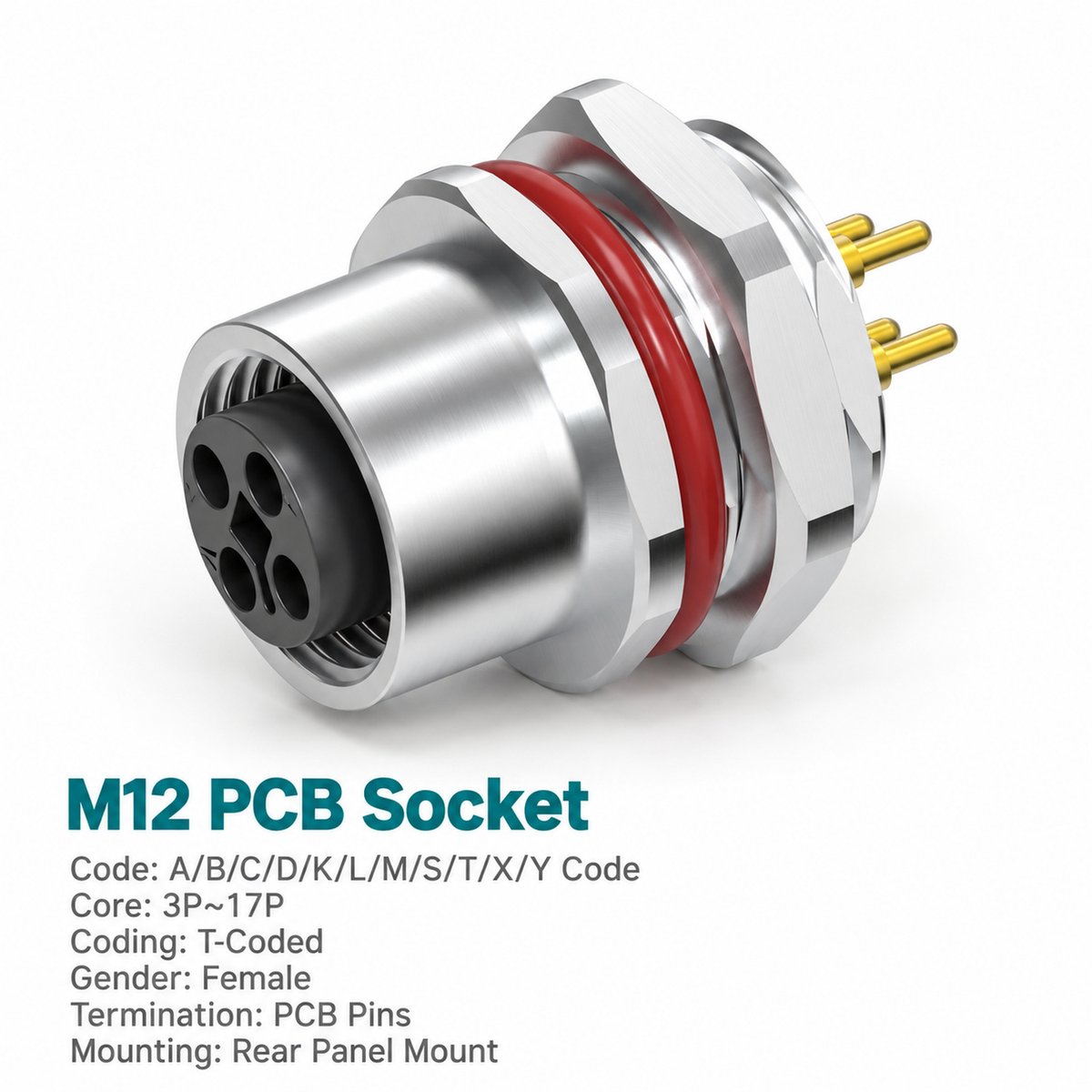 M12 T-Coded Female Rear Mount PCB Power Socket, 4-Pin, 12A 63V DC M12 T-Coded Female Rear Mount PCB Power Socket, 4-Pin, 12A 63V DC - Image 2