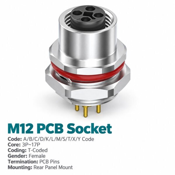 M12 T-Coded Female Rear Mount PCB Power Socket, 4-Pin, 12A 63V DC