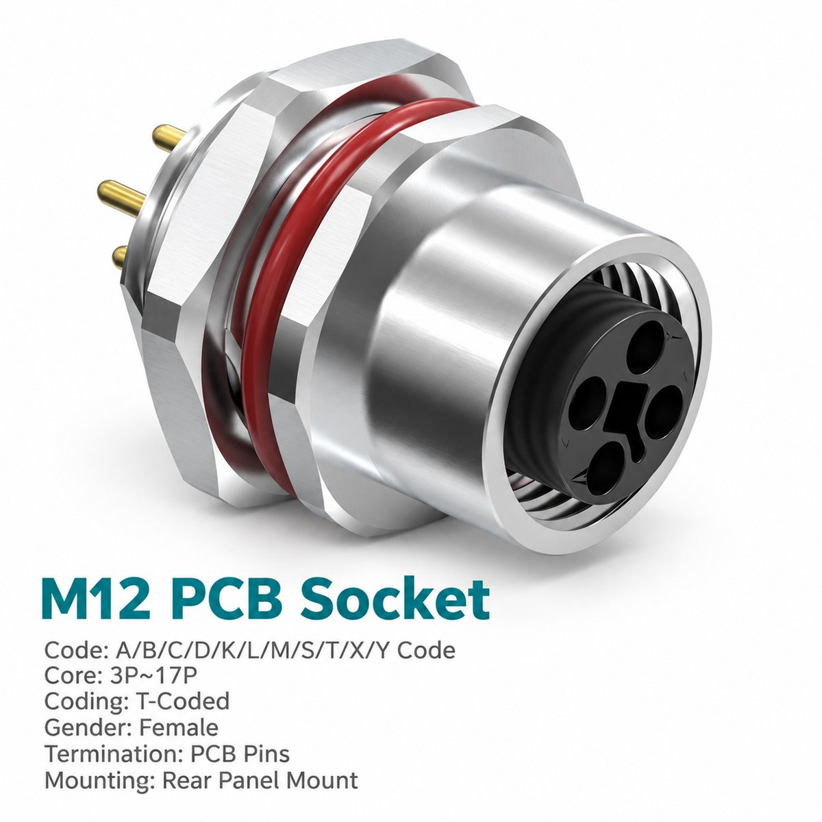 M12 T-Coded Female Rear Mount PCB Power Socket, 4-Pin, 12A 63V DC M12 T-Coded Female Rear Mount PCB Power Socket, 4-Pin, 12A 63V DC - Image 3