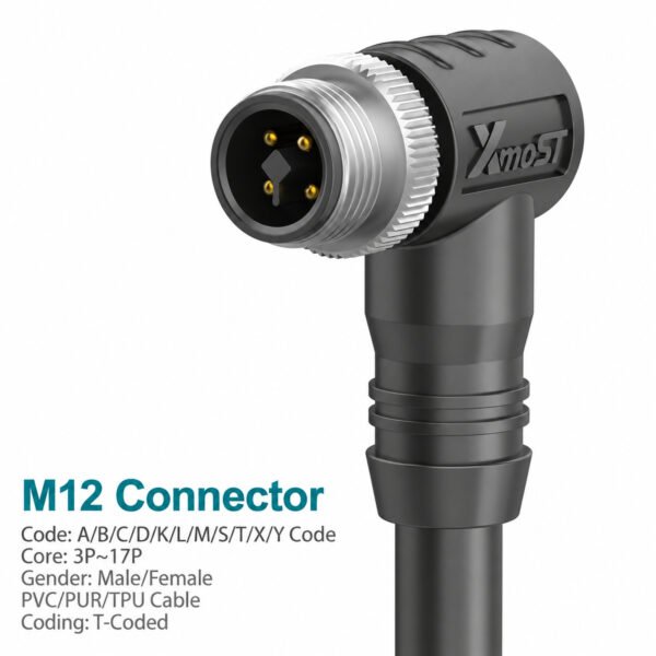 M12 T-Coded Male 90° Right-Angle Shielded DC Power Cable Connector