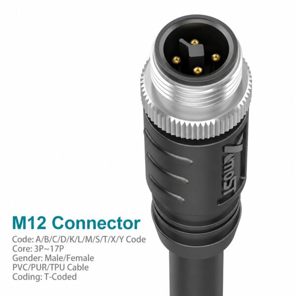 M12 T-Coded Male Straight Shielded DC Power Cable Connector