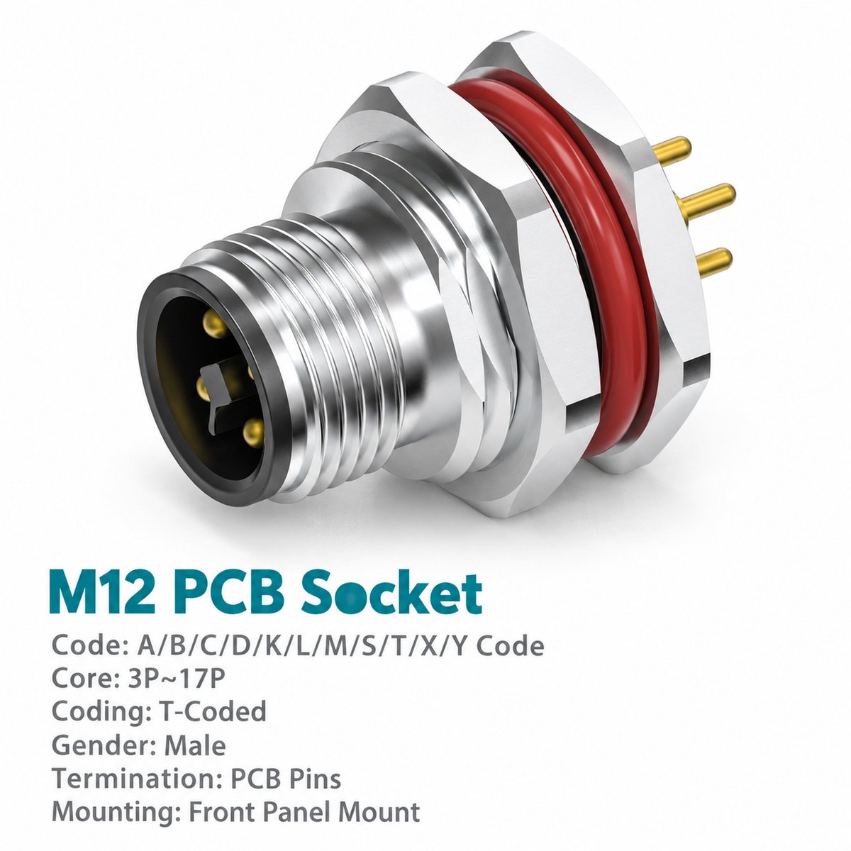 M12 T-Coded Male Front Mount PCB Power Connector, 4-Pin, 12A 63V DC M12 T-Coded Male Front Mount PCB Power Connector, 4-Pin, 12A 63V DC - Image 2