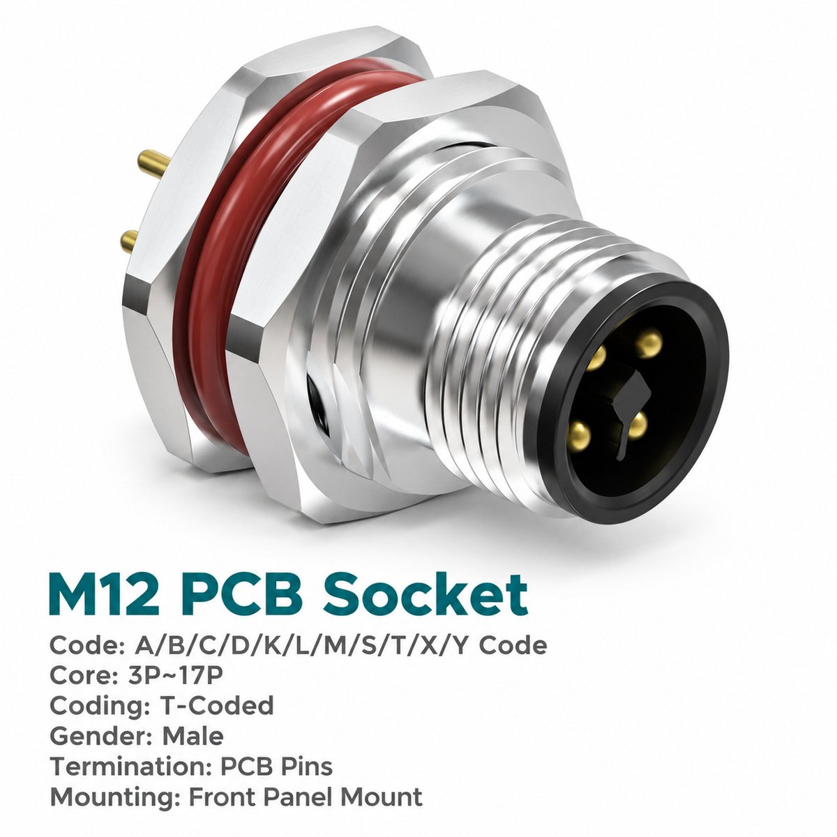 M12 T-Coded Male Front Mount PCB Power Connector, 4-Pin, 12A 63V DC M12 T-Coded Male Front Mount PCB Power Connector, 4-Pin, 12A 63V DC - Image 3