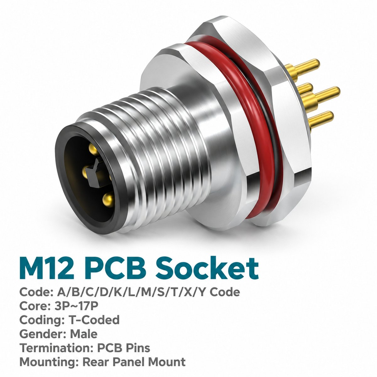 M12 T-Coded Male Rear Mount PCB Power Connector, 4-Pin, 12A 63V DC M12 T-Coded Male Rear Mount PCB Power Connector, 4-Pin, 12A 63V DC - Image 2