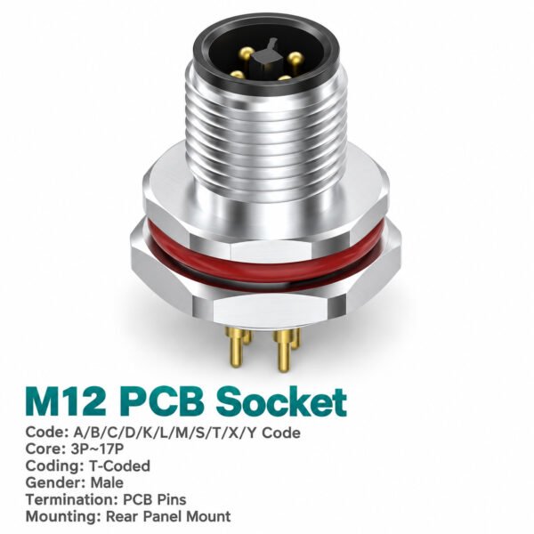 M12 T-Coded Male Rear Mount PCB Power Connector, 4-Pin, 12A 63V DC