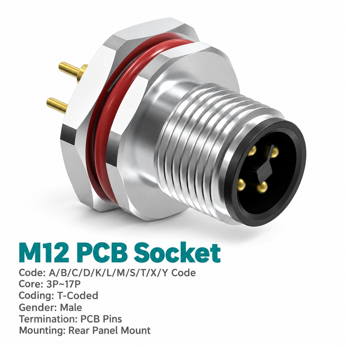 M12 T-Coded Male Rear Mount PCB Power Connector, 4-Pin, 12A 63V DC M12 T-Coded Male Rear Mount PCB Power Connector, 4-Pin, 12A 63V DC - Image 3