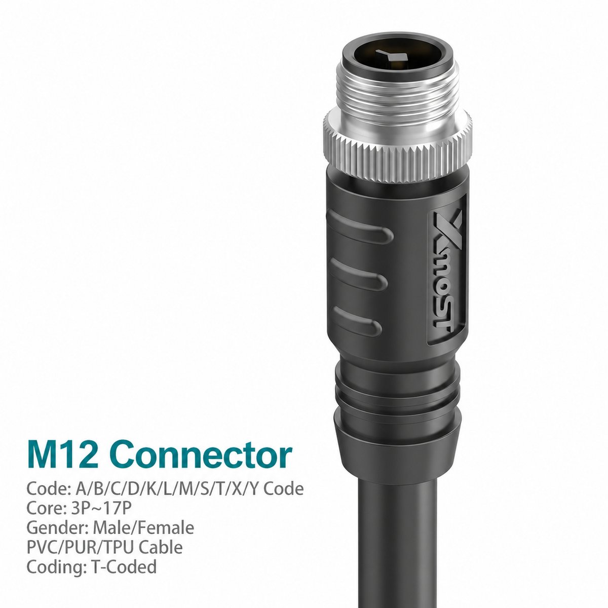 M12 T-Coded Male Straight Unshielded DC Power Cable Connector M12 T-Coded Male Straight Unshielded DC Power Cable Connector - Image 2