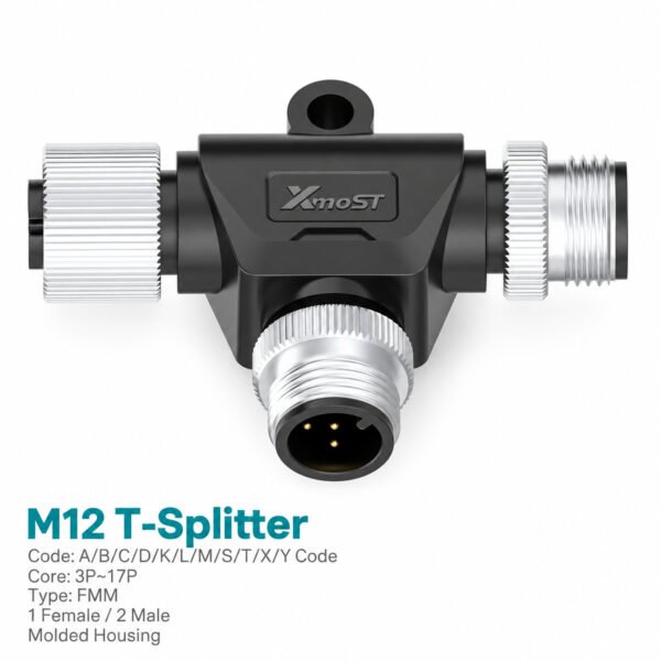 M12 T-Shape Splitter, 1 Female to 2 Male, FMM Connector
