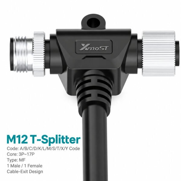 M12 T-Shape Male-to-Female Splitter with Cable Branch