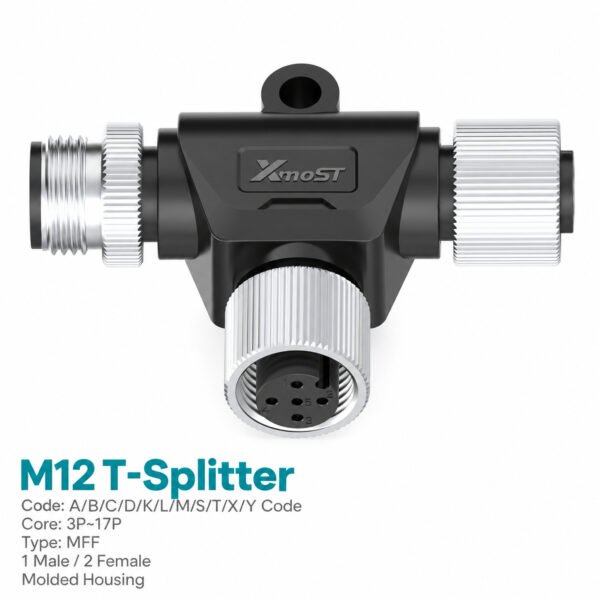 M12 T-Shape Splitter, 1 Male to 2 Female, MFF Connector