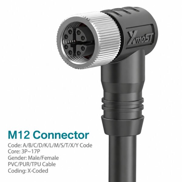 M12 X-Coded Female 90° Right-Angle CAT6A Shielded Ethernet Cable Connector