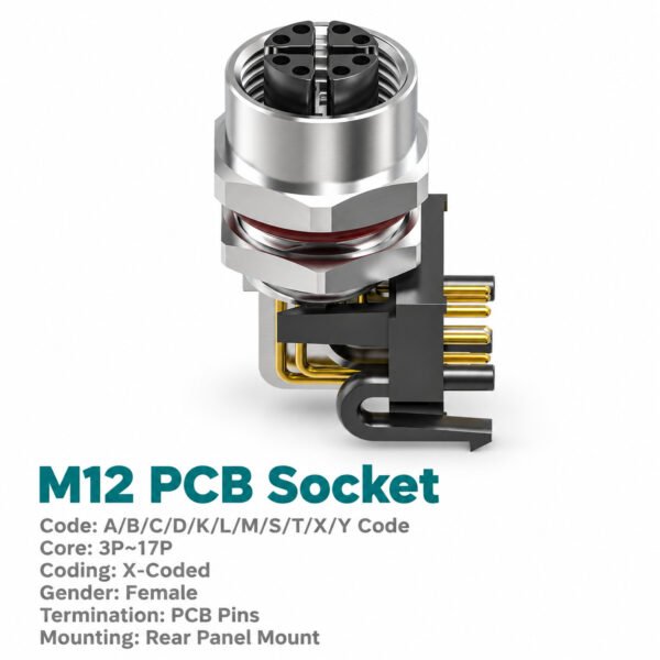 M12 X-Coded Female Rear Mount Right Angle PCB Ethernet Socket, 8-Pin, Shielded