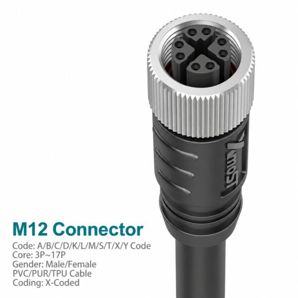 M12 X-Coded Female Straight CAT6A Shielded Ethernet Cable Connector