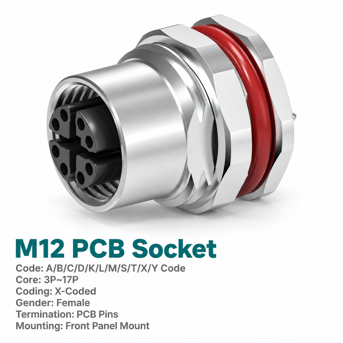 M12 X-Coded Female Front Mount PCB Ethernet Socket, 8-Pin, Shielded M12 X-Coded Female Front Mount PCB Ethernet Socket, 8-Pin, Shielded - Image 3