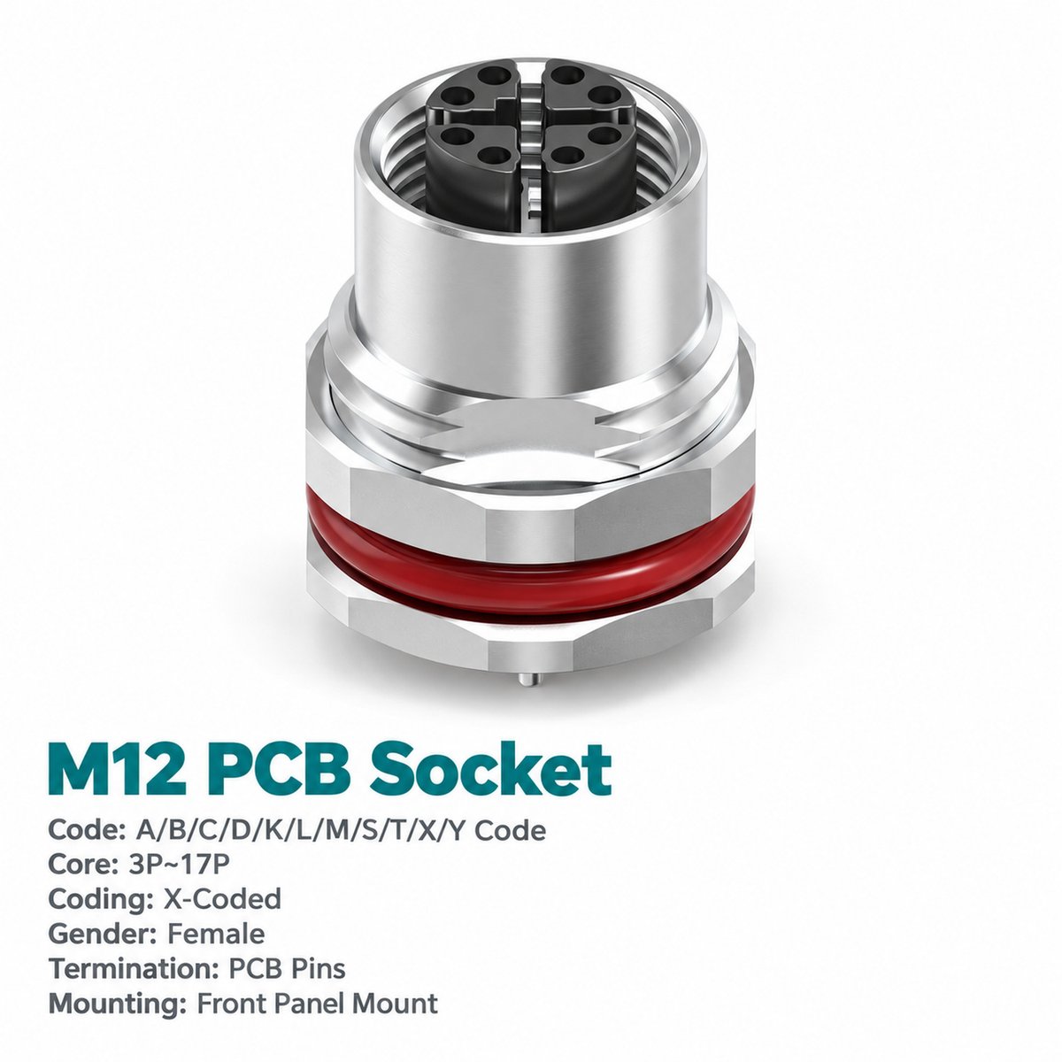M12 X-Coded Female Front Mount PCB Ethernet Socket, 8-Pin, Shielded M12 X-Coded Female Front Mount PCB Ethernet Socket, 8-Pin, Shielded