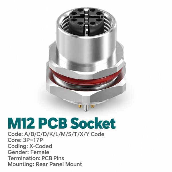 M12 X-Coded Female Rear Mount PCB Ethernet Socket, 8-Pin, Shielded