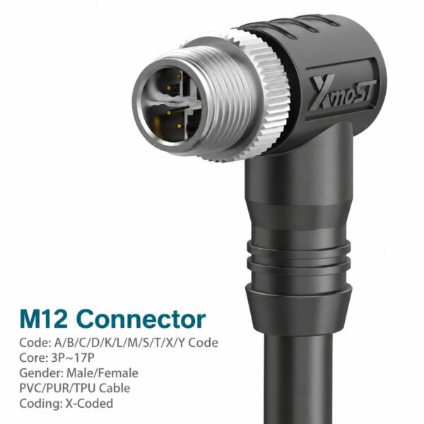 M12 X-Coded Male 90° Right-Angle CAT6A Shielded Ethernet Cable Connector