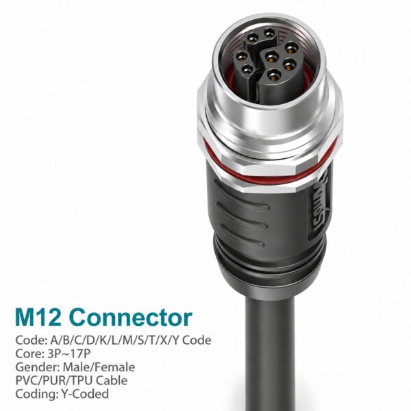 M12 Y-Coded Female Panel-Mount CAT5e Shielded Hybrid Ethernet Connector