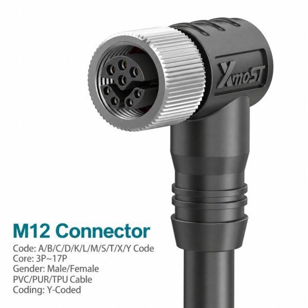 M12 Y-Coded Female 90° Right-Angle CAT5e Shielded Hybrid Ethernet Cable Connector