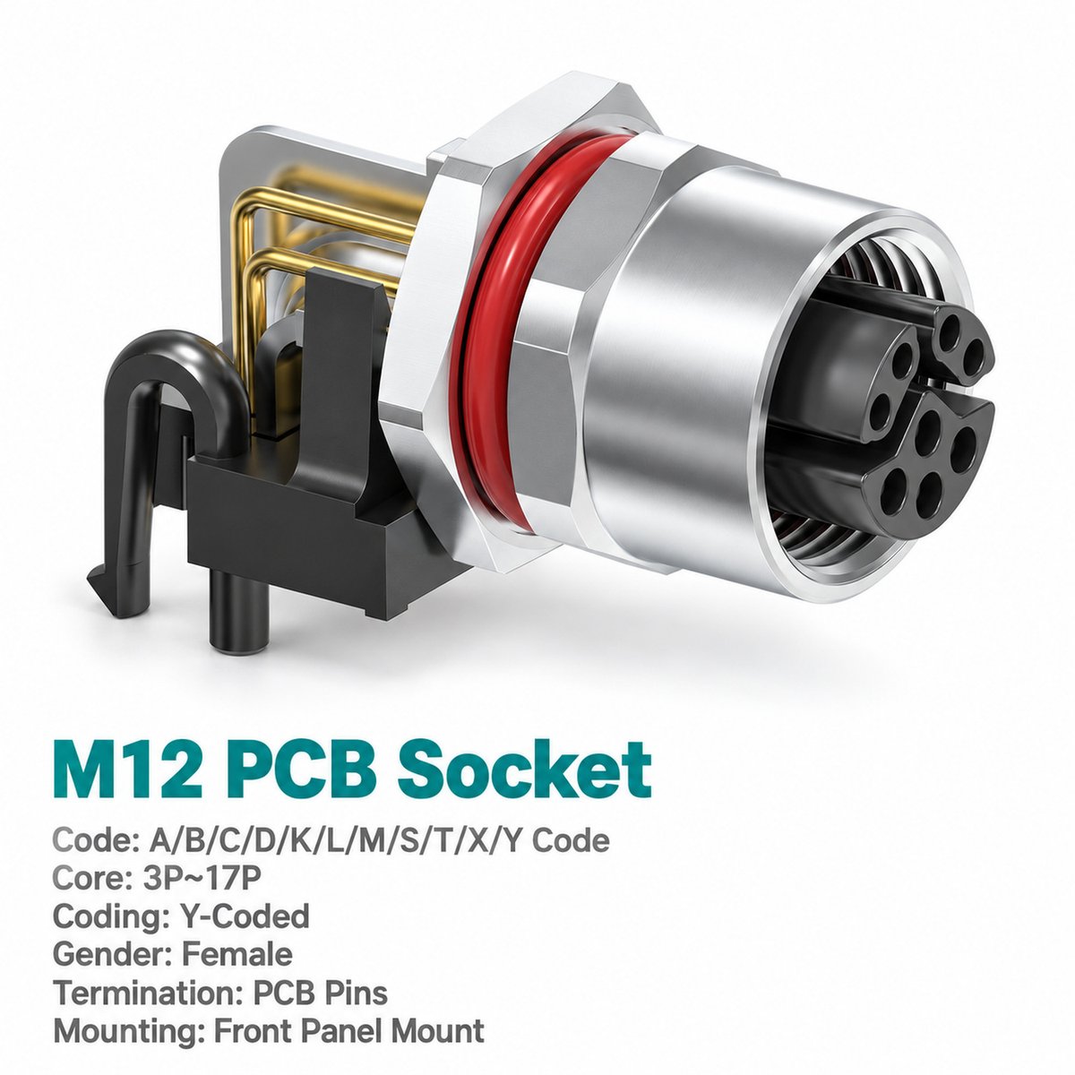M12 Y-Coded Female Rear Mount Right Angle PCB Hybrid Socket, Ethernet + Power M12 Y-Coded Female Rear Mount Right Angle PCB Hybrid Socket, Ethernet + Power - Image 2