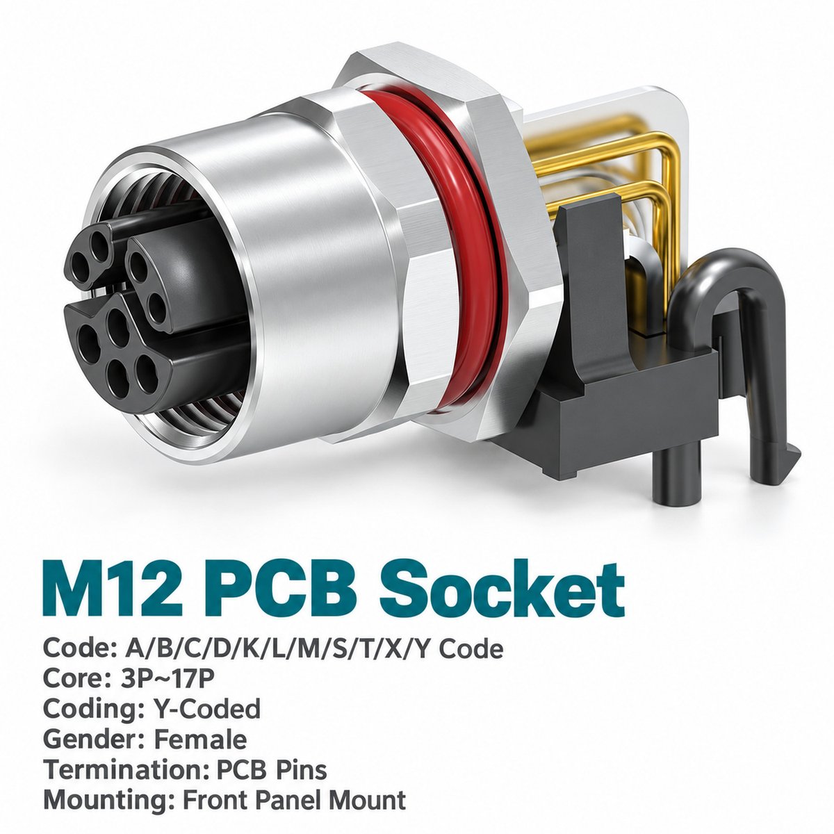 M12 Y-Coded Female Rear Mount Right Angle PCB Hybrid Socket, Ethernet + Power M12 Y-Coded Female Rear Mount Right Angle PCB Hybrid Socket, Ethernet + Power - Image 3