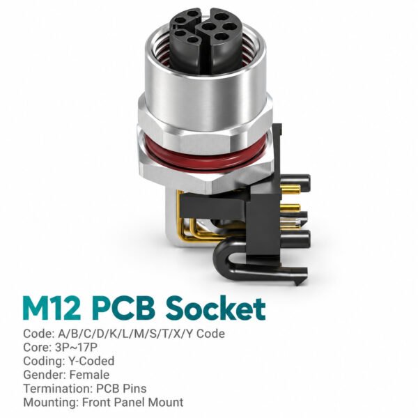 M12 Y-Coded Female Rear Mount Right Angle PCB Hybrid Socket, Ethernet + Power