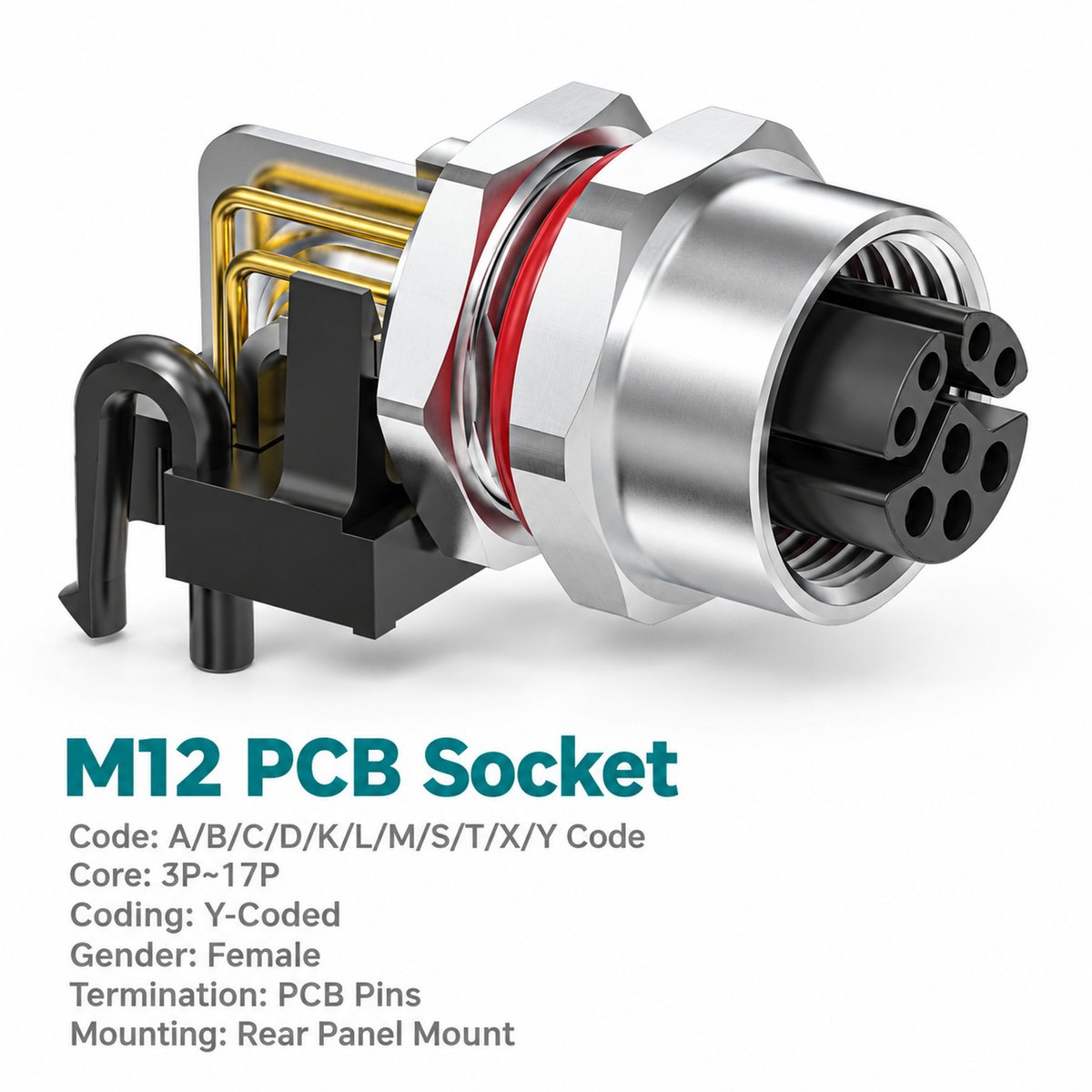 M12 Y-Coded Female Front Mount Right Angle PCB Hybrid Socket, Ethernet + Power M12 Y-Coded Female Front Mount Right Angle PCB Hybrid Socket, Ethernet + Power - Image 2