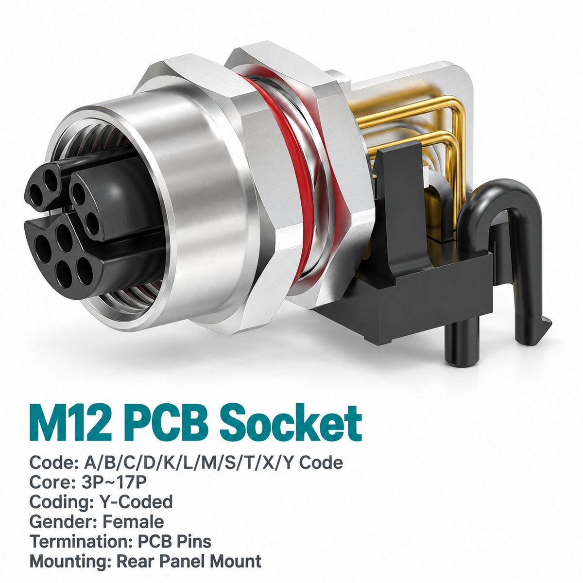 M12 Y-Coded Female Front Mount Right Angle PCB Hybrid Socket, Ethernet + Power M12 Y-Coded Female Front Mount Right Angle PCB Hybrid Socket, Ethernet + Power - Image 3