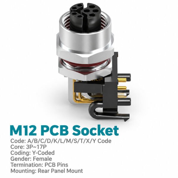 M12 Y-Coded Female Front Mount Right Angle PCB Hybrid Socket, Ethernet + Power