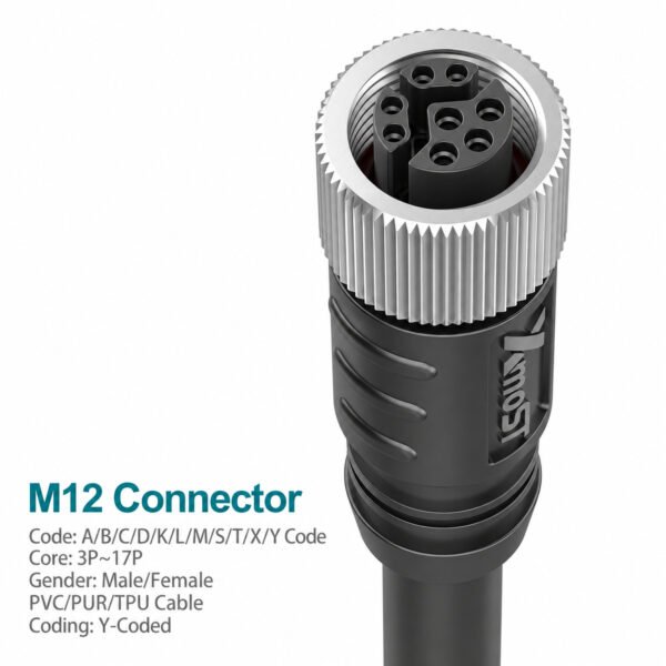 M12 Y-Coded Female Straight CAT5e Shielded Hybrid Ethernet Cable Connector