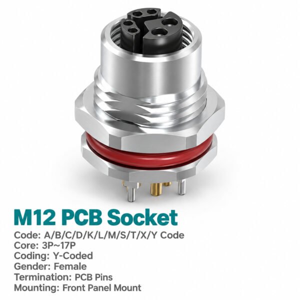 M12 Y-Coded Female Front Mount PCB Hybrid Socket, Ethernet + Power, Y3/Y4