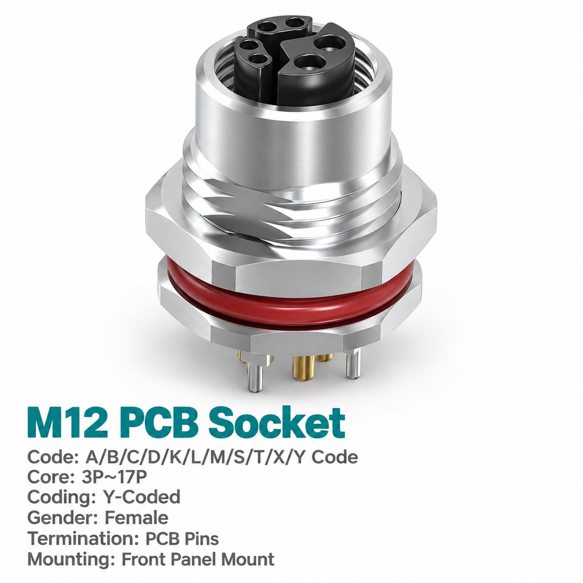 M12 Y-Coded Female Front Mount PCB Hybrid Socket, Ethernet + Power, Y3/Y4 M12 Y-Coded Female Front Mount PCB Hybrid Socket, Ethernet + Power, Y3/Y4