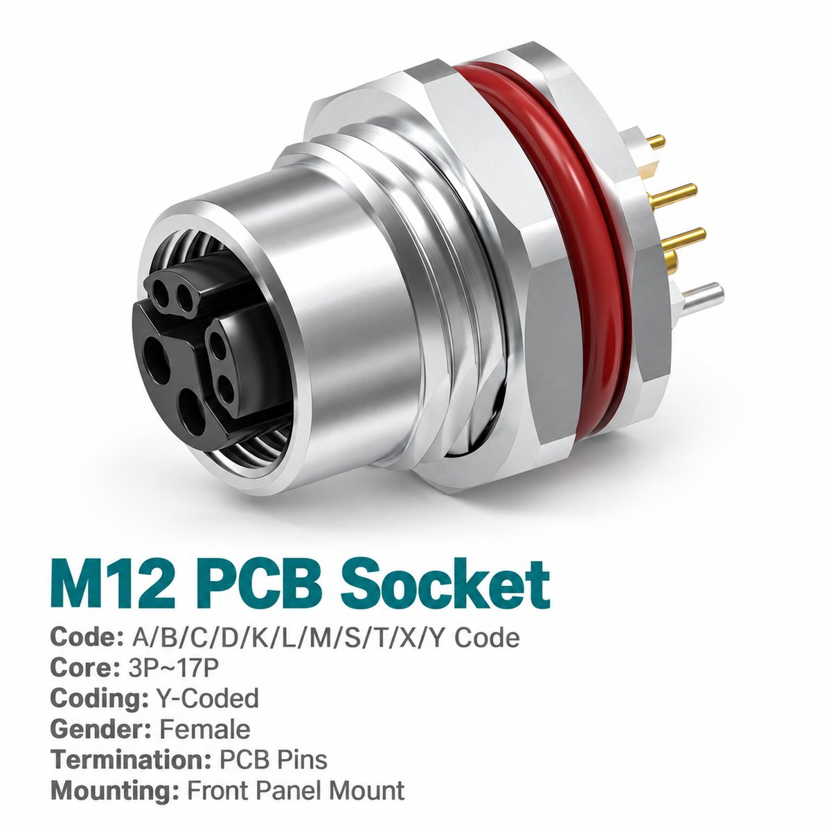 M12 Y-Coded Female Front Mount PCB Hybrid Socket, Ethernet + Power, Y3/Y4 M12 Y-Coded Female Front Mount PCB Hybrid Socket, Ethernet + Power, Y3/Y4 - Image 2