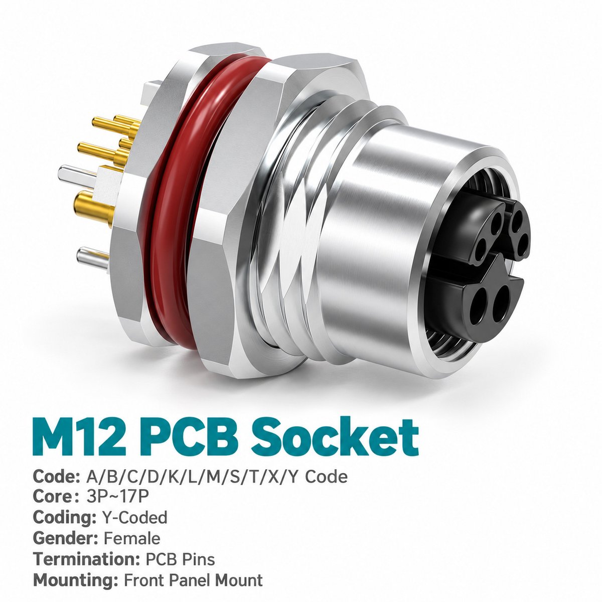 M12 Y-Coded Female Front Mount PCB Hybrid Socket, Ethernet + Power, Y3/Y4 M12 Y-Coded Female Front Mount PCB Hybrid Socket, Ethernet + Power, Y3/Y4 - Image 3