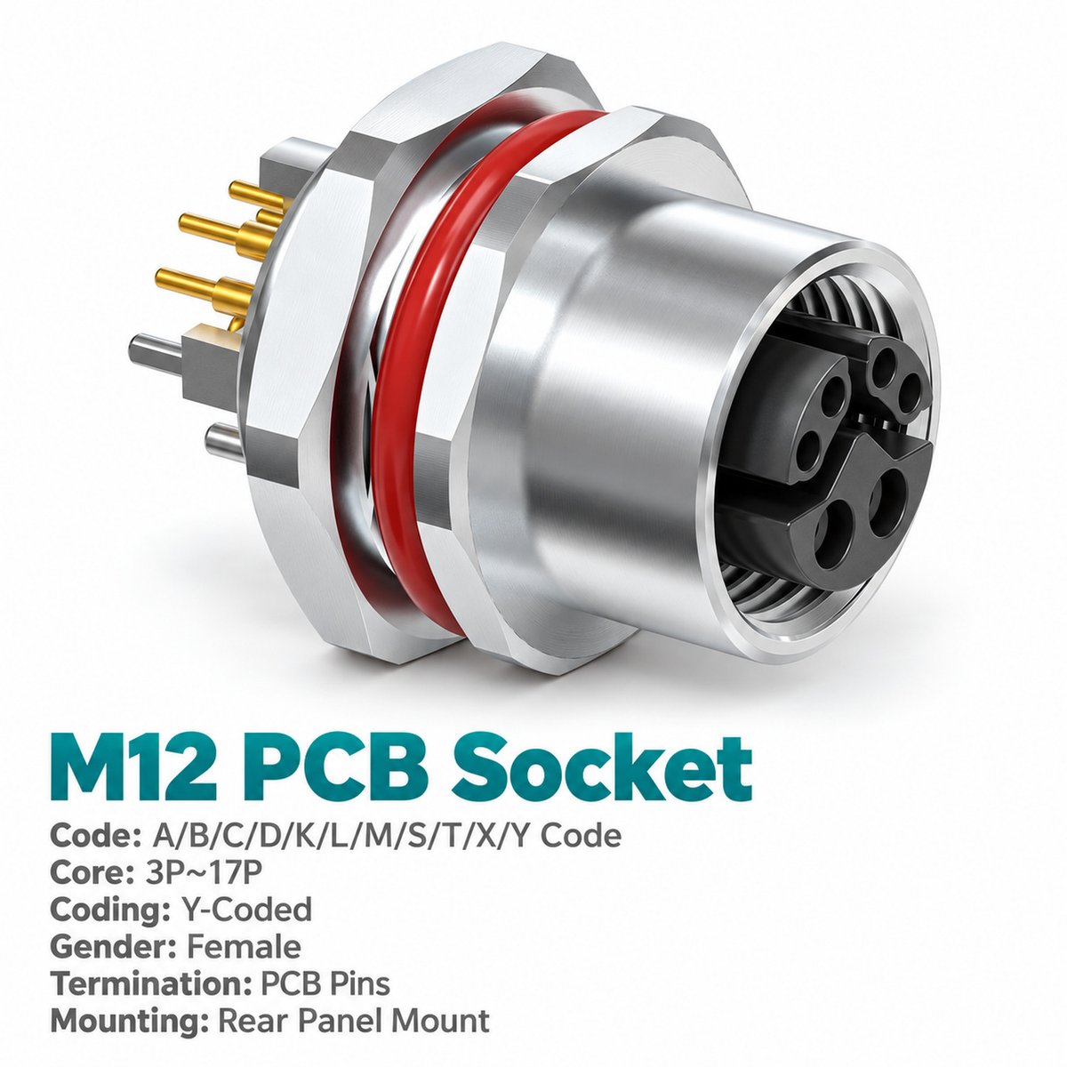 M12 Y-Coded Female Rear Mount PCB Hybrid Socket, Ethernet + Power, Y3/Y4 M12 Y-Coded Female Rear Mount PCB Hybrid Socket, Ethernet + Power, Y3/Y4 - Image 2