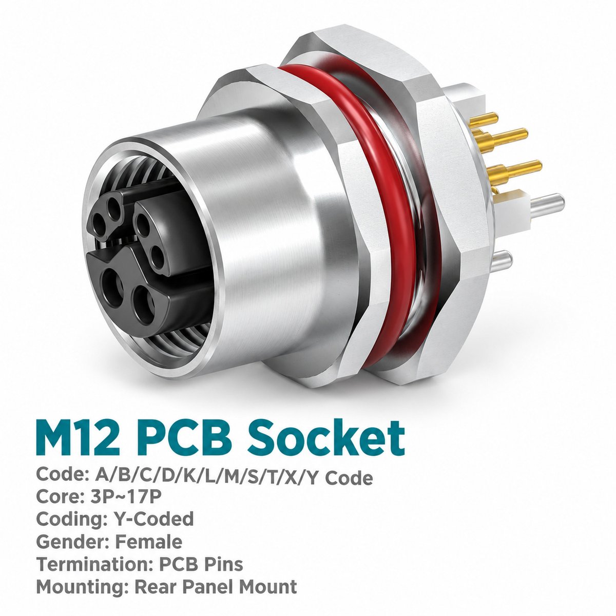 M12 Y-Coded Female Rear Mount PCB Hybrid Socket, Ethernet + Power, Y3/Y4 M12 Y-Coded Female Rear Mount PCB Hybrid Socket, Ethernet + Power, Y3/Y4 - Image 3