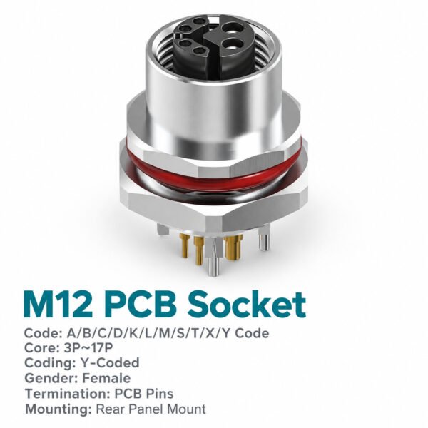 M12 Y-Coded Female Rear Mount PCB Hybrid Socket, Ethernet + Power, Y3/Y4