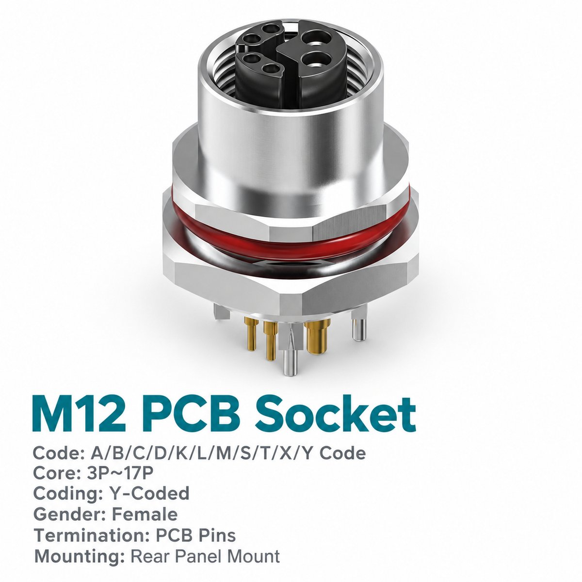 M12 Y-Coded Female Rear Mount PCB Hybrid Socket, Ethernet + Power, Y3/Y4 M12 Y-Coded Female Rear Mount PCB Hybrid Socket, Ethernet + Power, Y3/Y4
