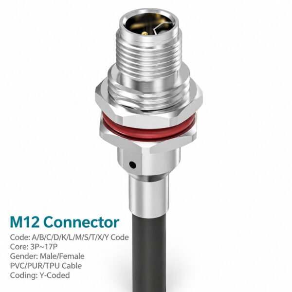 M12 Y-Coded Male Metal Panel-Mount CAT5e Shielded Hybrid Ethernet Receptacle