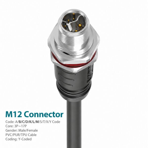 M12 Y-Coded Male Panel-Mount CAT5e Shielded Hybrid Ethernet Connector