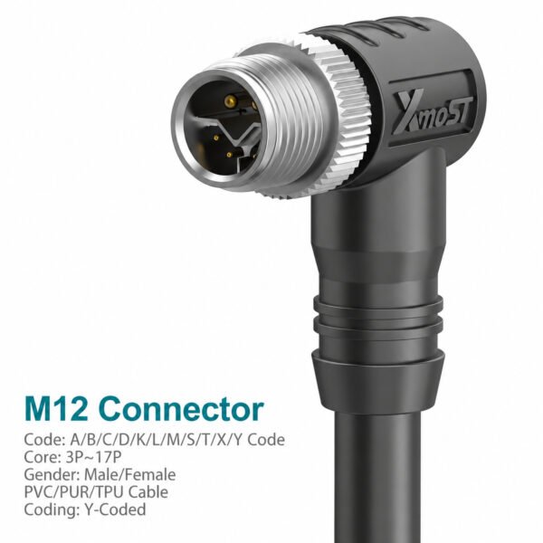 M12 Y-Coded Male 90° Right-Angle CAT5e Shielded Hybrid Ethernet Cable Connector