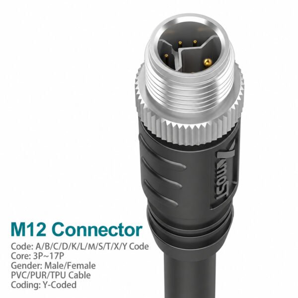 M12 Y-Coded Male Straight CAT5e Shielded Hybrid Ethernet Cable Connector
