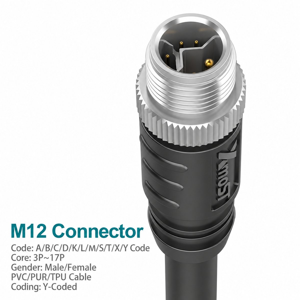 M12 Y-Coded Male Straight CAT5e Shielded Hybrid Ethernet Cable Connector M12 Y-Coded Male Straight CAT5e Shielded Hybrid Ethernet Cable Connector